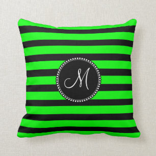Bright Neon Lime Green and Black Stripes Cushion