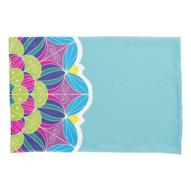 Bright Neon Mandalas & Teal Pillowcase (Front-Left)
