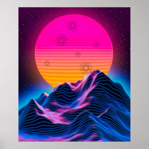 Bright Neon Mountains Dusk to Dawn Poster