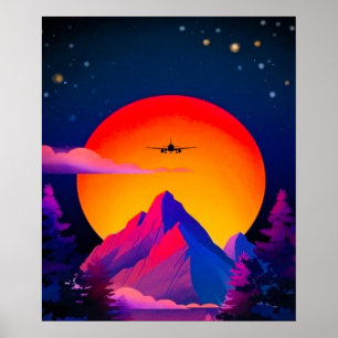 Bright Neon Mountains Sunrise Aeroplane Poster