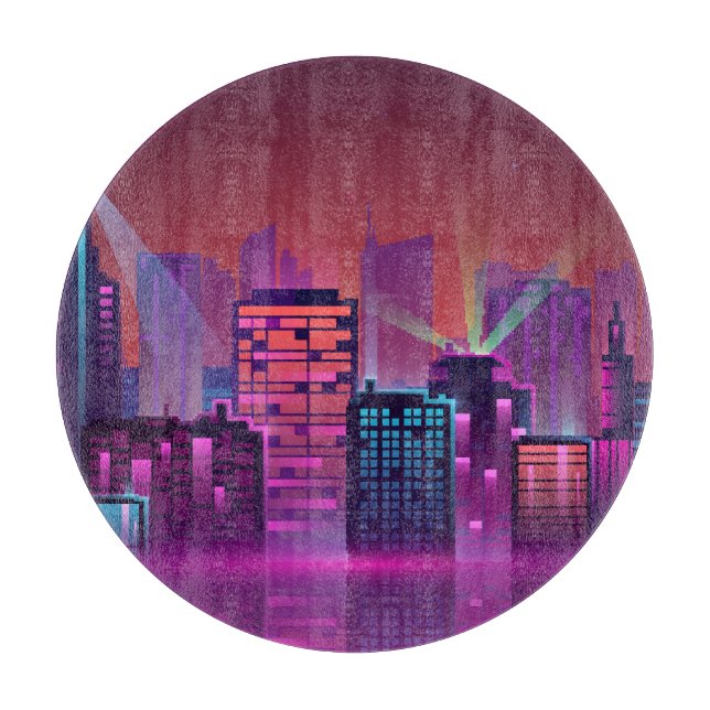 Bright neon night cityscape, vintage. cutting board (Front)