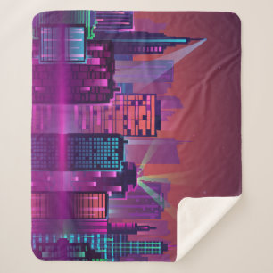 Bright neon night cityscape, vintage. sherpa blanket