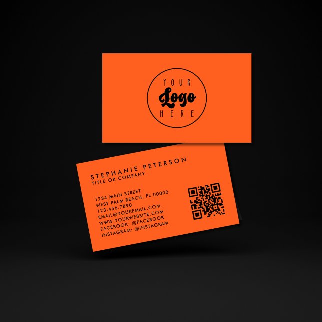 Bright Neon Orange Custom Company Logo QR Code Business Card (Creator Uploaded)