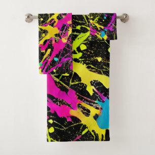 Bright Neon Paint Splatter Bath Towel Set