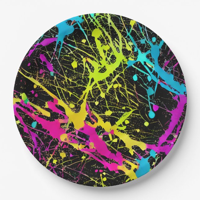 Bright Neon Paint Splatter Paper Plate (Front)