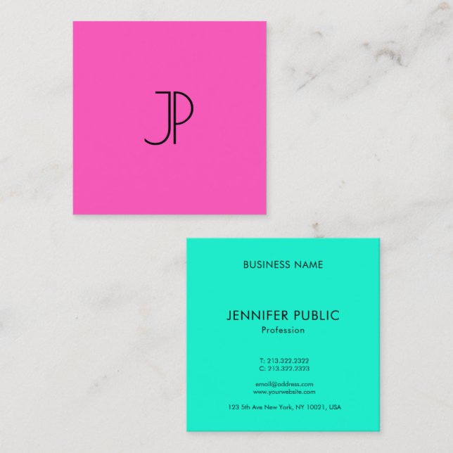 Bright Neon Pink Green Modern Elegant Monogram Square Business Card (Front/Back)
