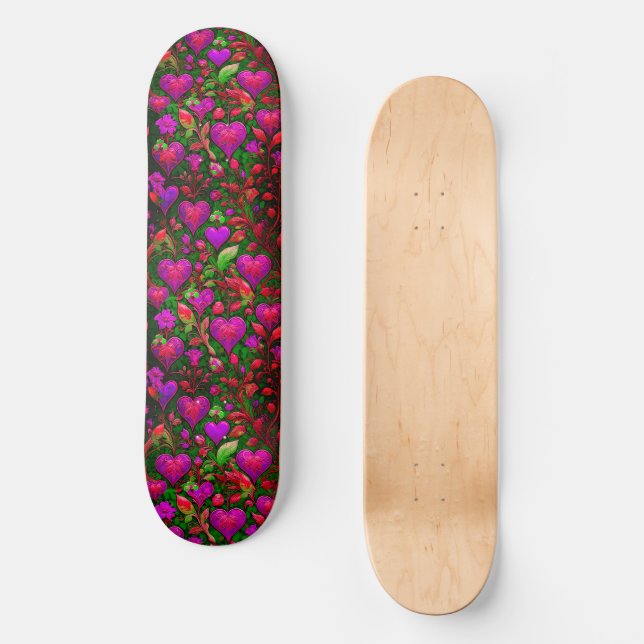 Bright Neon Pink Hearts and Green Floral Skateboard (Front)