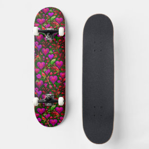 Bright Neon Pink Hearts and Green Floral Skateboard