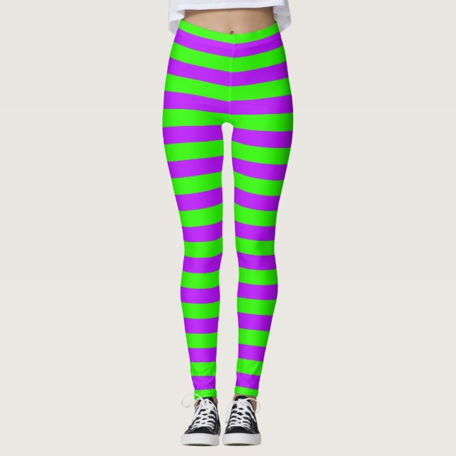 Bright Neon Purple and Green Horizontal Striped Leggings (Front)