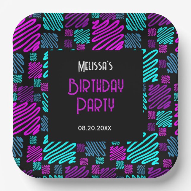 Bright Neon Purple Blue Geometric Birthday Paper Plate (Front)