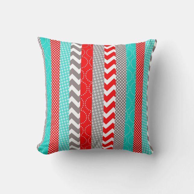 Bright Neon Red and Teal Geo Stripes Cushion (Front)