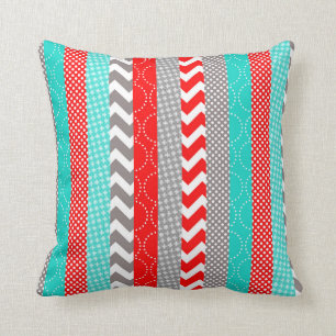 Bright Neon Red and Teal Geo Stripes Cushion