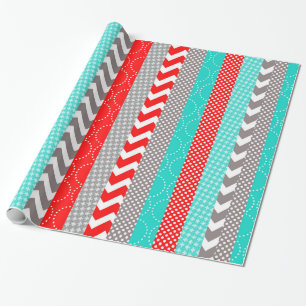 Bright Neon Red and Teal Geo Stripes Wrapping Paper