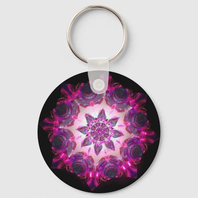 Bright Neon Starburst Kaleidoscope in Pink/Purple Key Ring (Front)