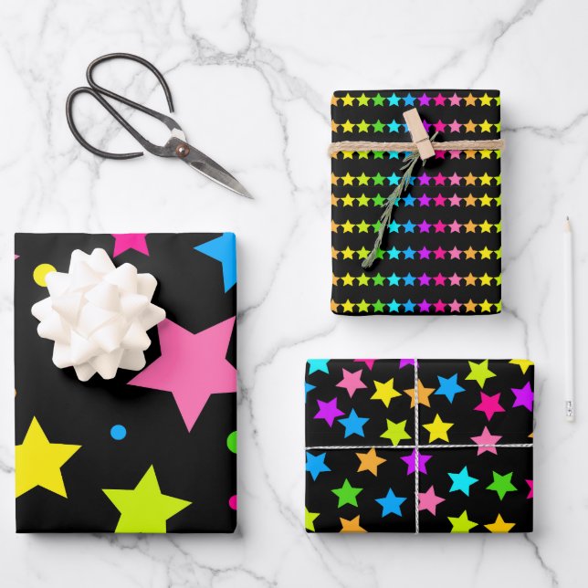 Bright Neon Stars on Black Wrapping Paper Sheet (Front)