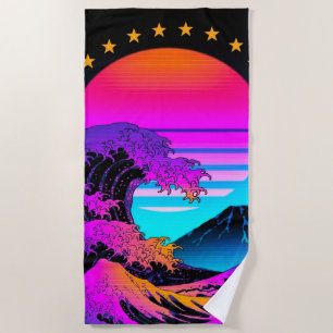 Bright Neon Wave Crash Mountain Retro Beach Towel
