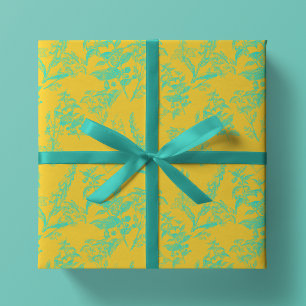Bright Neon Yellow & Blue Wildflower Wrapping Paper Sheet