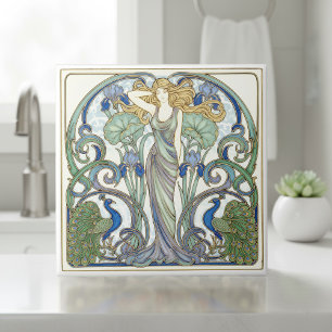 Bright Nouveau Muse & Peacocks Pat#2 ID1193 Ceramic Tile
