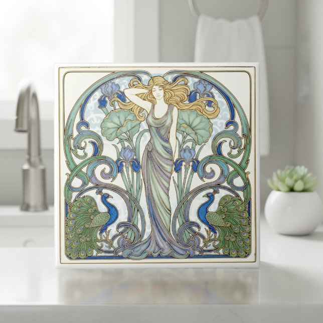 Bright Nouveau Muse & Peacocks Pat#2 ID1193 Ceramic Tile (Creator Uploaded)