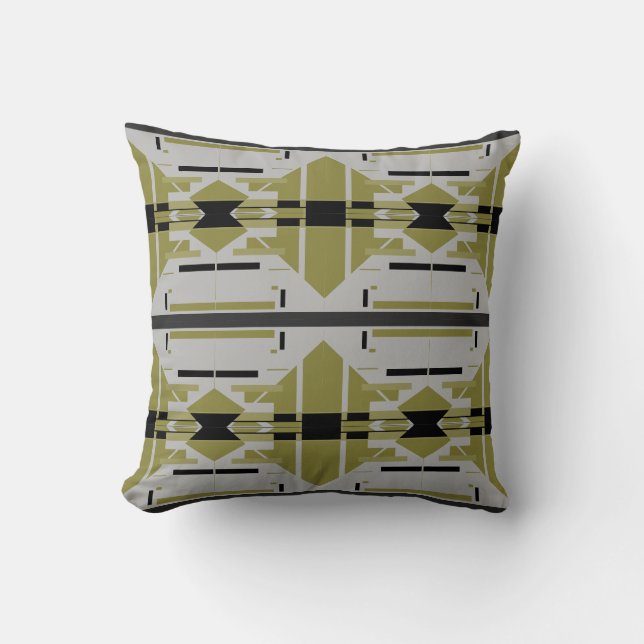 Bright Olive Black Grey Abstract Large Tile Motif Cushion (Front)
