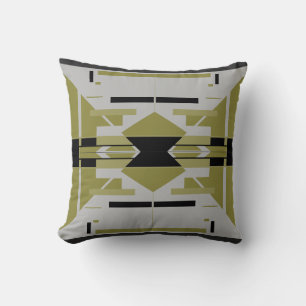 Bright Olive Black Grey Abstract Symmetrical Motif Cushion