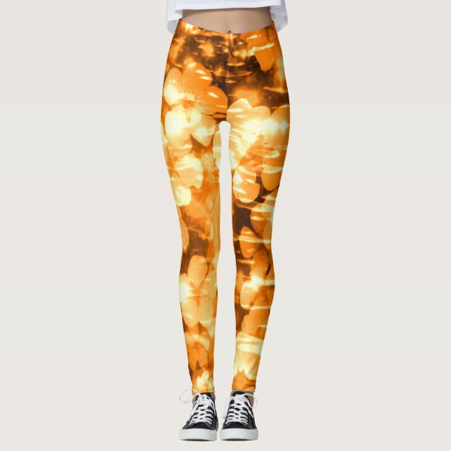 Bright Orange Abstract Flowers Sunny Waters Leggings (Front)