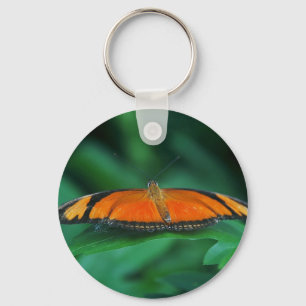 Bright Orange and Black Butterfly on Leaf Key Ring