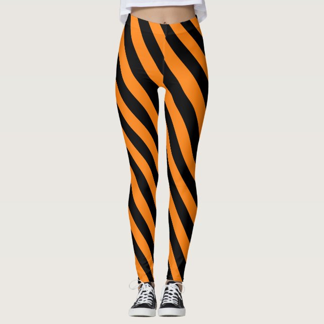 Bright Orange and Black Halloween Striped Pattern  Leggings (Front)