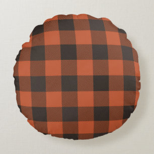 Bright Orange And Black Plaid Round Cushion