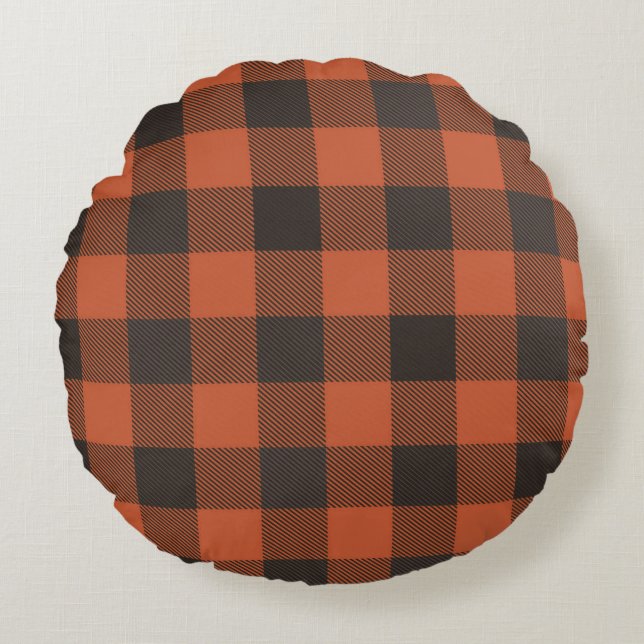 Bright Orange And Black Plaid Round Cushion (Front)