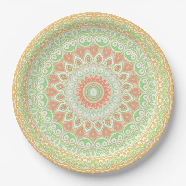 Bright Orange and Green Summer Kaleidoscope Paper Plate (Front)