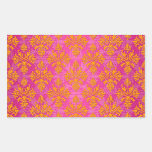 Bright Orange and Pink Floral Damask Rectangular Sticker