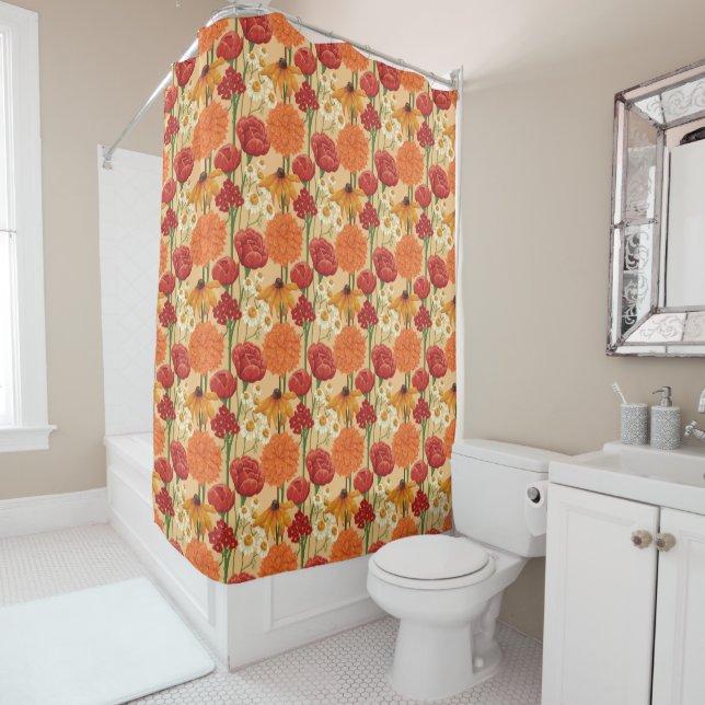 Bright Orange and Red Floral Garden Pattern Shower Curtain (In Situ)