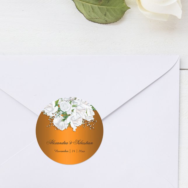 Bright Orange and White Bridal Bouquet Wedding  Classic Round Sticker (Creator Uploaded)