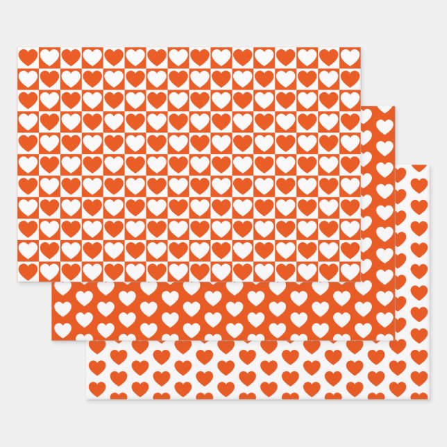 Bright Orange and White Hearts Wrapping Paper Sheet (Set)