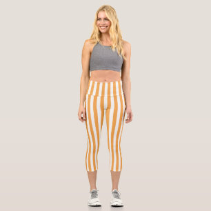 Bright Orange and White Vertical Stripes Aesthetic Capri Leggings