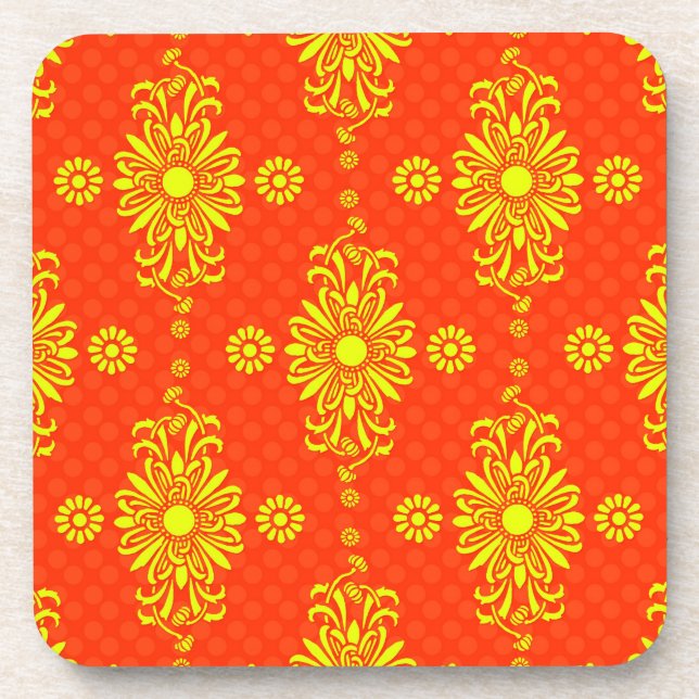 Bright Orange and Yellow Floral Pattern Coaster (Front)