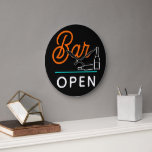 Bright Orange Aqua Blue Retro Bar Open Large Clock<br><div class="desc">Beautiful contemporary retro wall art clock with bright orange,  aqua turquoise blue,  and white coloured Bar Open typography and calligraphy script lettering design. Excellent wallclock for those who enjoy entertaining friends and family.</div>