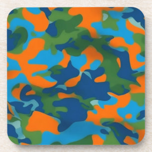 Bright orange, blue and green camouflage pattern coaster