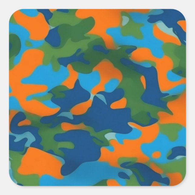 Bright orange, blue and green camouflage pattern square sticker (Front)