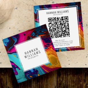 Bright Orange Blue Qr Code Colorful Marble Pattern Square Business Card