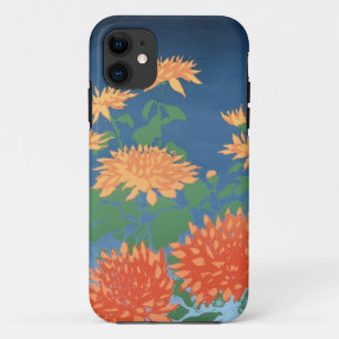 Bright Orange Chrysanthemums on Deep Blue iPhone 11 Case