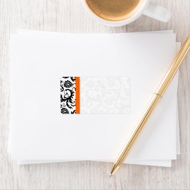 Bright Orange Coral & Black Damask Dots Shipping Label (Insitu)