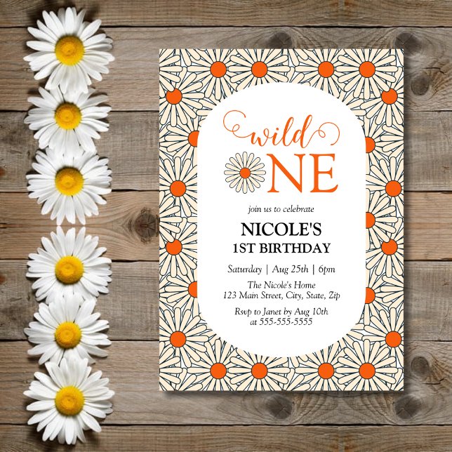 Bright Orange Daisies Floral Girl 1st Birthday Invitation (Creator Uploaded)