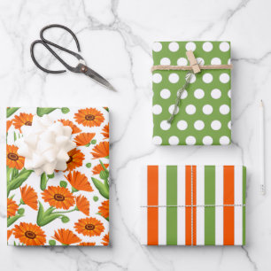 Bright Orange Daisies Wrapping Paper Set
