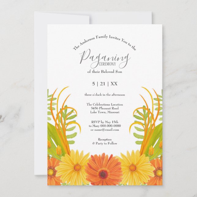 Bright Orange Daisy Baby Boy Paganing Ceremony Invitation (Front)
