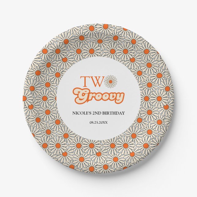 Bright Orange Daisy Floral Groovy 2nd Birthday Paper Plate (Front)