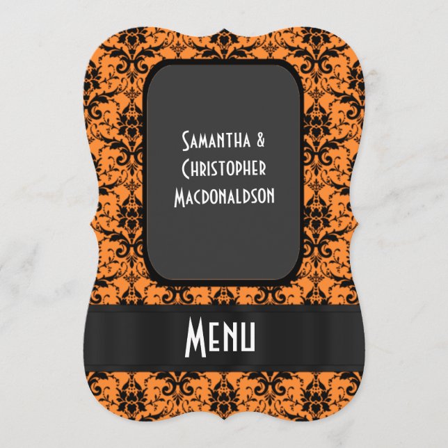 Bright orange damask formal wedding menu (Front)