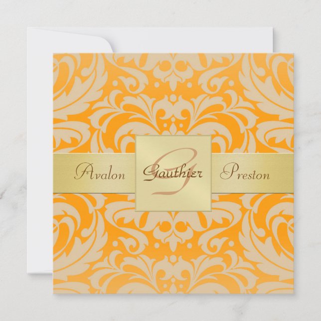 Bright Orange Damask Monogram Ribbon Invitation (Front)