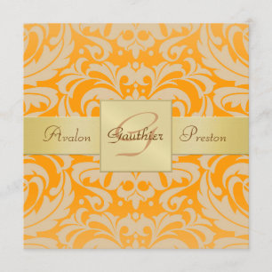Bright Orange Damask Monogram Ribbon Invitation